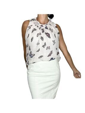 Elena Baldi Italy beige silk butterfly print tie neck sleeveless top L
